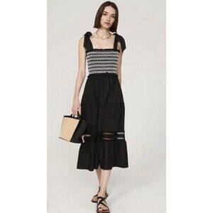 PETER SOM Collective Black White Smocked Midi Lace Dress A-Line, Size M